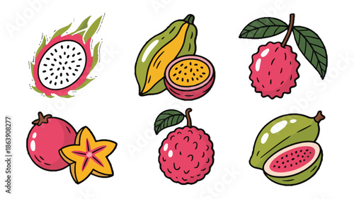 Exotic Fruits Collection: An array of colorful, freshly picked exotic fruits, each a vibrant testament to nature's delicious diversity and the sensory pleasure of tropical flavors.