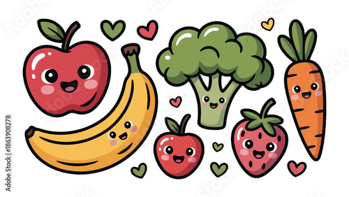 A Whimsical Gathering of Fruits and Vegetables: A delightful array of animated apple, banana, broccoli, carrot, strawberry and small apple. smiling faces, surrounded by charming hearts.