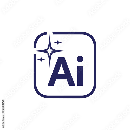 The image displays a rounded square frame containing the letters ai and sparkling star symbols representing artificial intelligence