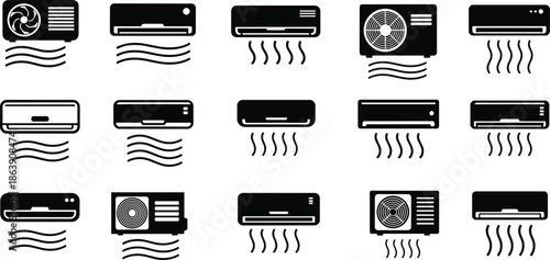 Air conditioner icons set, cooling and heating units silhouettes, HVAC climate control systems, wall mounted indoor appliances vector illustration, isolated on white background
