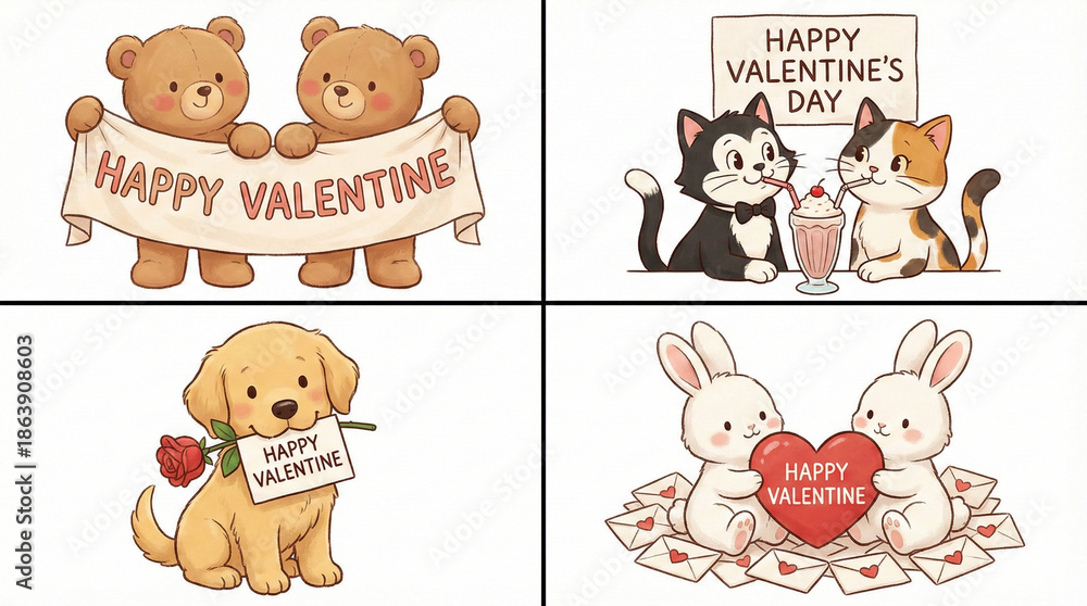 Obraz premium Adorable animals celebrate Valentine's Day with love and friendship