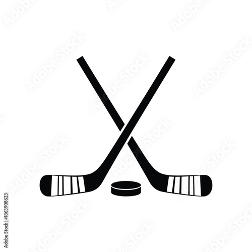 A minimalist depiction of two crossed hockey sticks alongside a black puck representing the sport s core elements