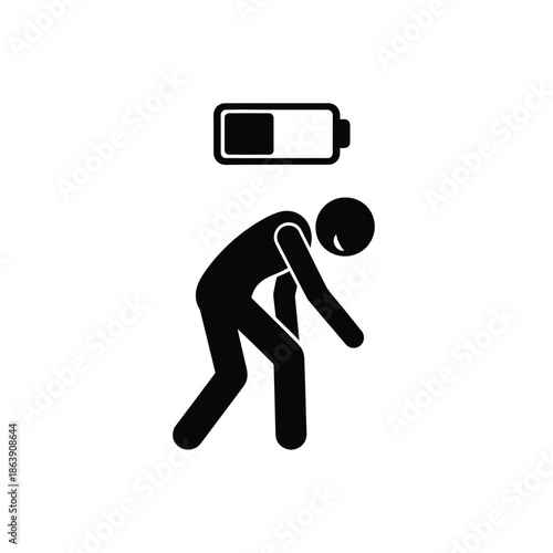 A simple black and white illustration depicts a person slumping over as a battery icon shows low power