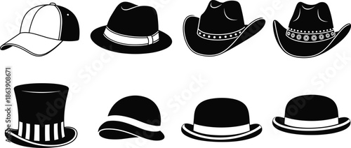 Collection of stylish hat silhouettes, fashion accessories, vintage headwear, vector illustration for costume design, retro style, cultural fashion, elegant headgear
