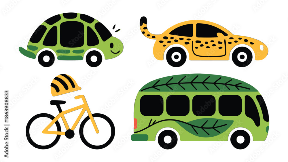 Naklejka premium Whimsical transport: delightful illustration of a turtle car, cheetah car, bus, and bike