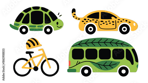 Whimsical transport: delightful illustration of a turtle car, cheetah car, bus, and bike