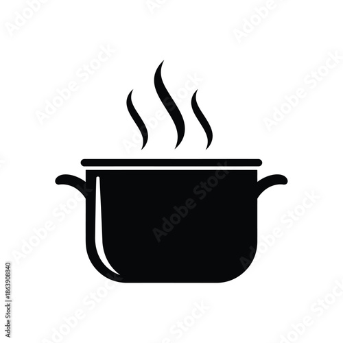 A simple black and white illustration depicts a pot with handles emanating steam suggesting warmth and cooking high quality