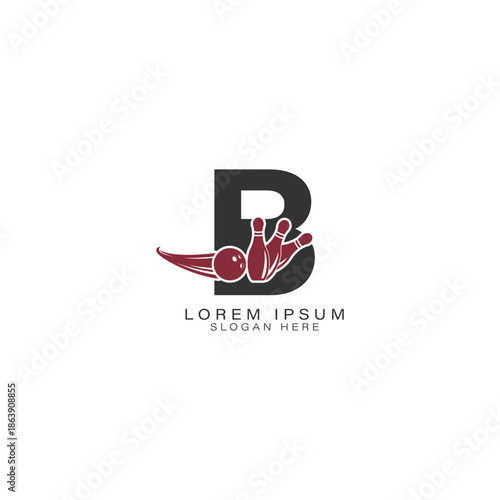 Modern letter B logo featuring a dynamic bowling ball and pins. Alphabet B Icon perfect design for bowling clubs.