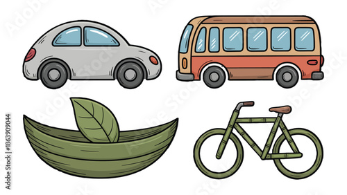 Eco-friendly Transportation: A collection of various environmentally friendly transport vehicles, each highlighting the beauty of nature and the benefits of sustainable mobility.