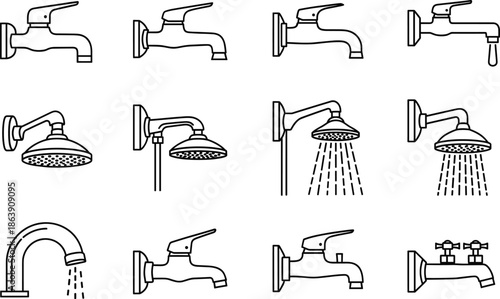 Bathroom faucet and shower outline icons vector set with water taps fixtures isolated on white