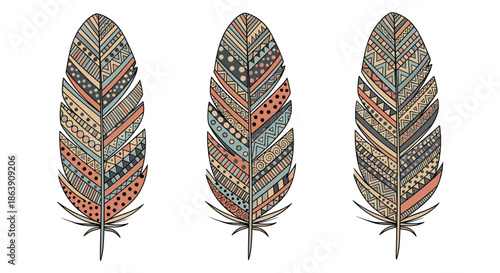 Set of three decorative tribal feathers with intricate geometric patterns, dots, and lines in earth tone colors on white.