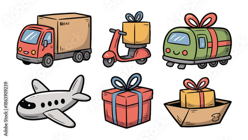Delivery Transport: A colorful array of delivery vehicles, each carrying the promise of gifts, symbolizing the joy of giving and receiving.
