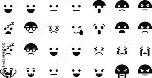 Black emoji face expressions vector set with various emotions icons isolated on white background for UI design