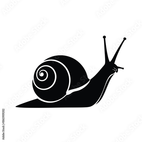 A striking black and white silhouette depicts a snail gracefully moving forward highlighting its spiral shell and delicate antennae