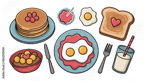 Morning Meal Delights: An array of breakfast items arranged on a surface, from fluffy pancakes to sunny-side-up eggs, evoking the comforting feeling of starting the day right.