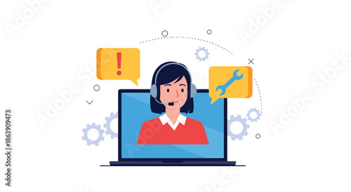 Illustration of a friendly female customer support representative on a laptop screen with service icons and gears.