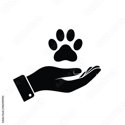 A black and white illustration depicts a human hand gently cradling a paw print symbolizing care and animal welfare