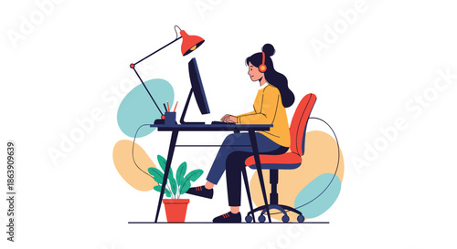 Cartoon illustration of a woman wearing headphones and working at a modern office desk with a computer and plant.