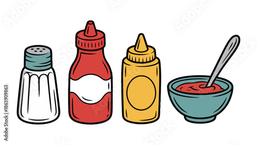 Flavorful Condiment Selection: An array of essential condiments, each a burst of flavor, set against a pristine backdrop, promising culinary enhancement and visual appeal.