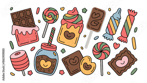 Sweet Treats: A collection of delightful confections, including lollipops, chocolate bars, and colorful candies, arranged to tempt the eye and satisfy any sweet tooth.