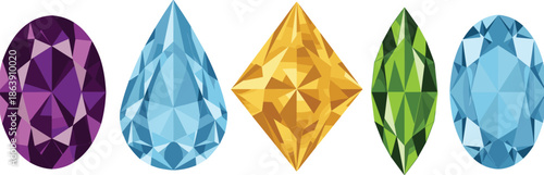 Set of Colorful Polished Gemstones and Jewels Including Purple Amethyst Blue Topaz Yellow Diamond Green Emerald and Aquamarine Crystal Elements