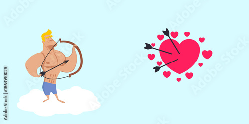 A young, blond, muscular, mischievous Cupid aiming a heart-shaped arrow from his bow for Valentine's Day.