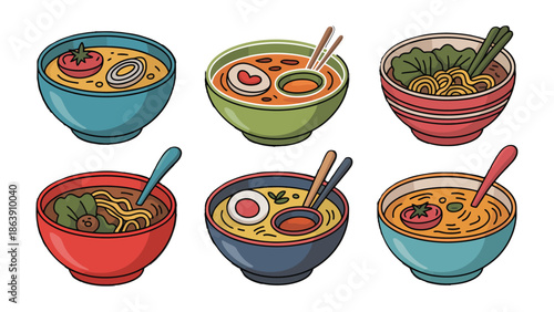 Culinary Canvas: A vibrant collection of beautifully illustrated ramen bowls, showcasing the art of cooking and the diversity of flavors. Each bowl brimming with colorful ingredients
