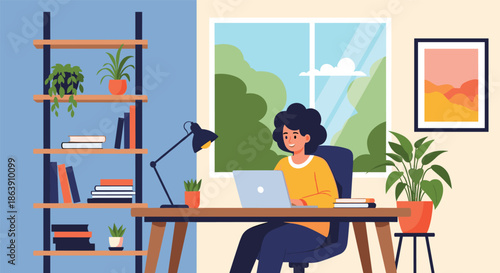 Young woman working on her laptop in a cozy home office with shelves, books, and indoor plants sitting by the window.