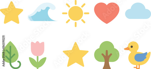 Cute Nature and Shape Flat Icons Set with Star, Sun, Cloud, Heart, Leaf, Flower, Tree, and Duck Vector