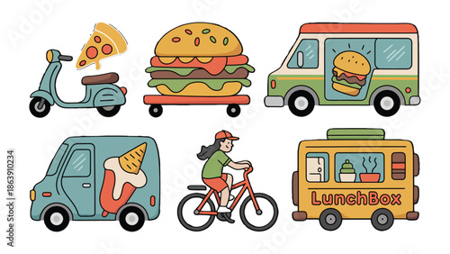 Fast Food Delivery Illustration: A delightful illustration showcases a variety of fast food delivery methods, from classic scooters to food trucks and bicycle