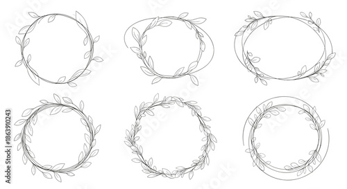 Collection of six delicate hand drawn circular and oval wreaths made of simple branches and leaves for frames.