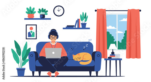 Relaxing home scene showing a person sitting on a sofa with a laptop and a sleeping cat in a cozy living room.