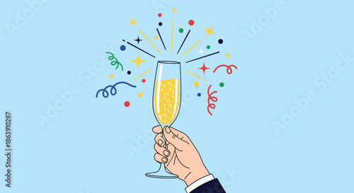 Hand holding a glass of sparkling champagne with colorful confetti and fireworks exploding on a blue background.