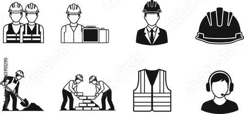 Construction Workers and Safety Equipment Icons Set with Helmet, Vest, and Labor Symbols Vector