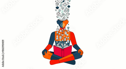 Creative mind overflowing with ideas and knowledge from reading a book, symbolizing inspiration and learning.