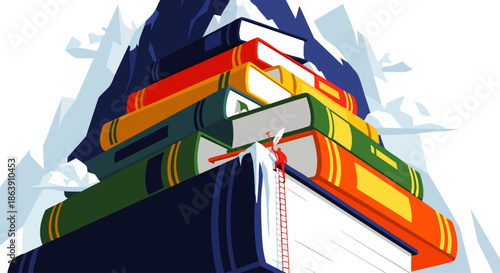 A determined climber scales a towering stack of books, symbolizing the pursuit of knowledge and intellectual achievement.