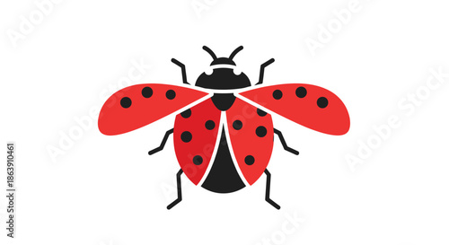 Flat illustration of a red ladybug with black spots and open wings viewed from above on a clean white background.