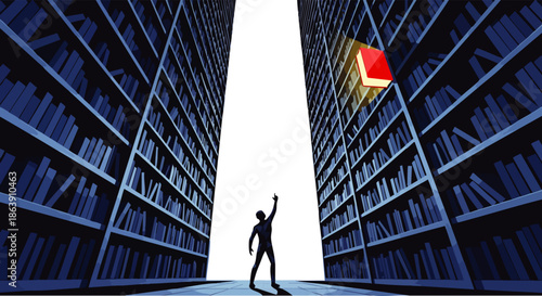 A person reaches for a glowing red book on a high shelf in a vast library, symbolizing knowledge and discovery.