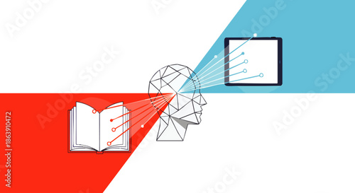 Digital transformation of knowledge transfer from physical books to electronic devices through human intellect and learning.