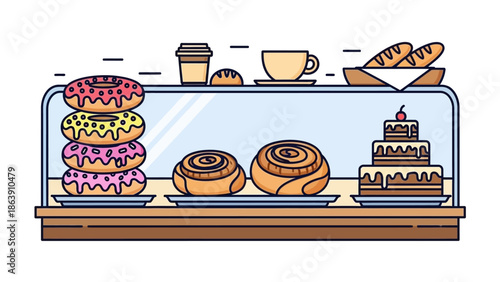 Assorted bakery display featuring donuts, croissants, bread, and cakes with coffee and pastries.