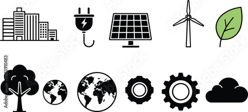 Eco Friendly and Renewable Energy Icons Set with Solar Panel, Wind Turbine, Green Leaf, Earth, City, and Cloud Vector