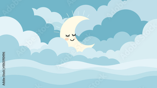 Sunny cartoon landscape of a calm sea with fluffy clouds and soft pastel sky.