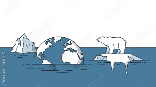 Polar Bear on Melting Ice Near a Globe: A Climate Change Scene in the Arctic Environment.