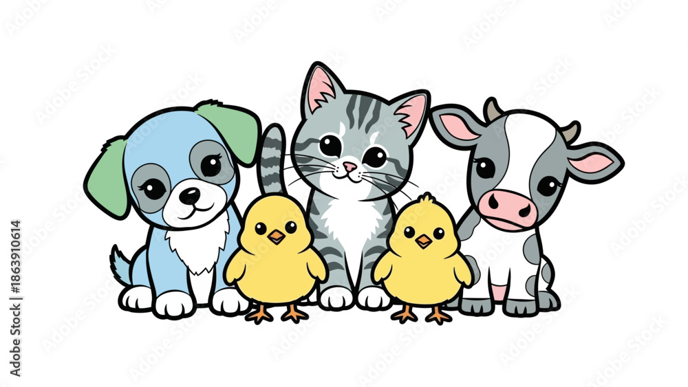 Naklejka premium Playful animal friends: dog, cat, and chicks in a cute cartoon scene.