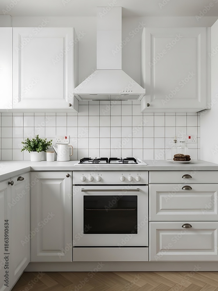 Fototapeta premium Contemporary White Kitchen Interior Design with Herringbone Wood Floor