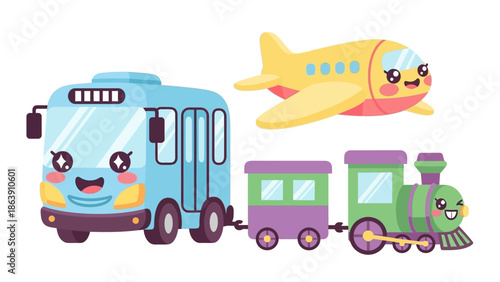 Cheerful cartoon scene featuring a bus, airplane, and train in a playful transportation setting.