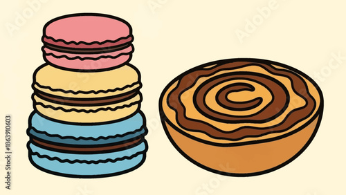 Colorful assortment of macarons and a cinnamon bun pastry displayed on a light background.