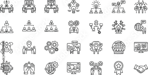 Business teamwork and collaboration line icons vector set showing meetings strategy leadership and corporate communication