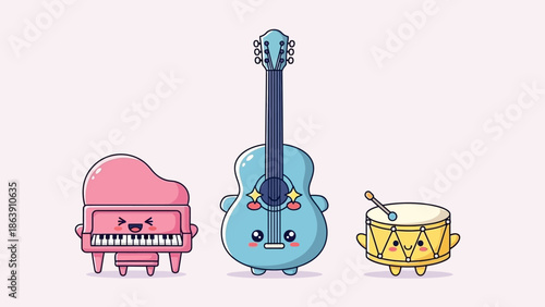 Colorful trio of musical instruments: piano, guitar, and drum in pastel setting.