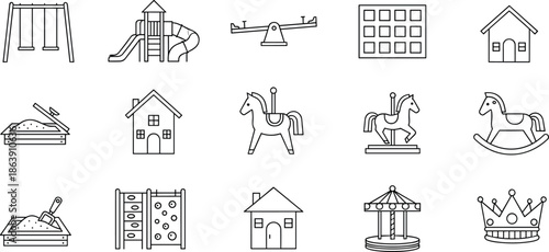 Kids Playground and Amusement Park Line Icons Set with Swings, Slides, Carousel, Sandbox, and Toys Vector